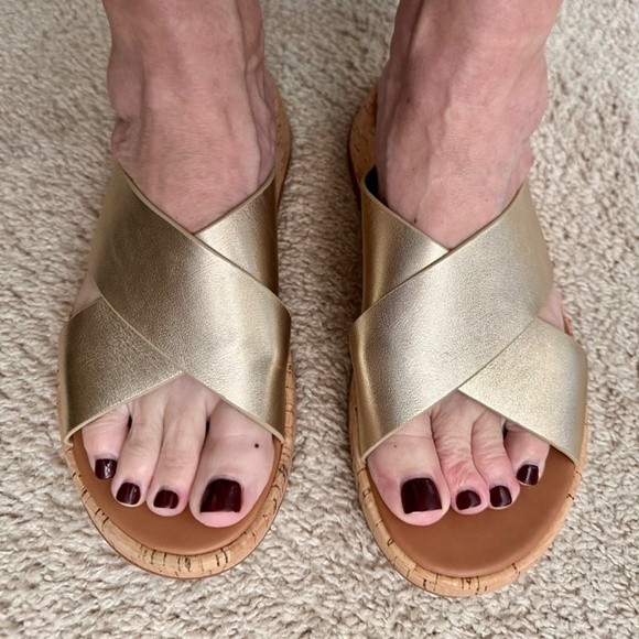 Fitflop F-Mode Metallic Leather/Cork “Flat form” Cross Slides US Size 08 - Picture 3 of 9